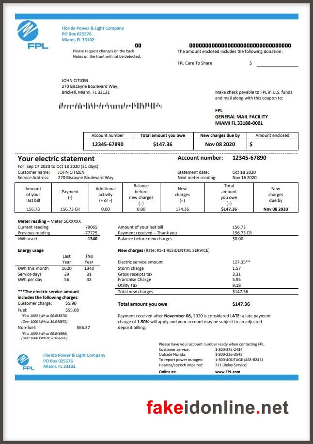 Florida Power & Light (FPL) - Florida Utility Bill Template